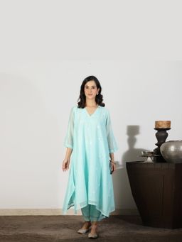 Spring Soul - Women Aqua Blue Chanderi A Line Kurta with Sequin and Thread work Embroidered