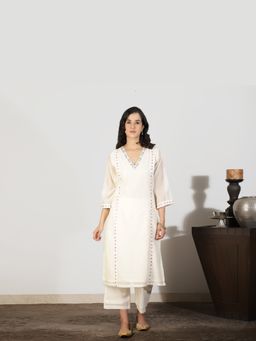 Spring Soul - Women Off White A Line Kali Kurta with Thread work Embroidered