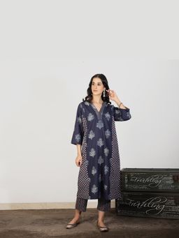 Spring Soul - Women Indigo A Line Kali Kurta with Dori work