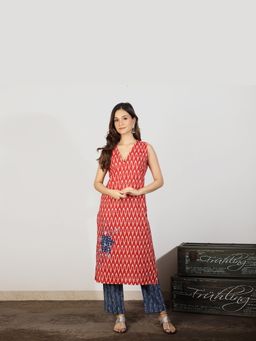 Spring Soul - Women Red Ikat Kurta with Applique Embroidered