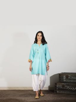 Spring Soul - Women Aqua Blue Ikat Print Kurta with Applique Embroidered