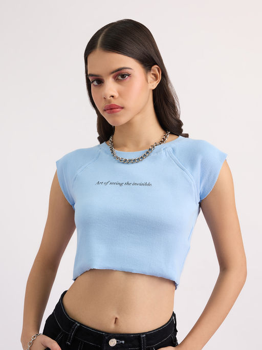MIXT by Nykaa Fashion Blue Round Neck Graphic Crop Top