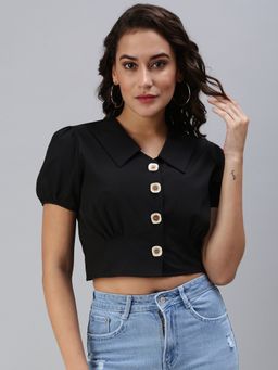 SHOWOFFFF - Women's Solid Styled Back Black Above The Keyboard Collar Crop Top
