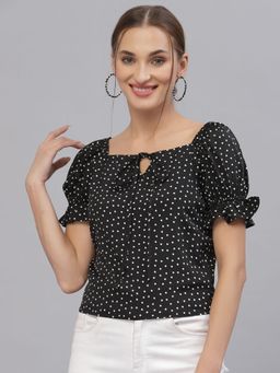 Style Quotient - Women Black Polka Dot Print Tie Up Neck Top