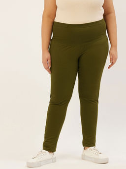 theRebelinme - Plus Size Women's Olive Solid Color Relaxed High-Rise Trousers