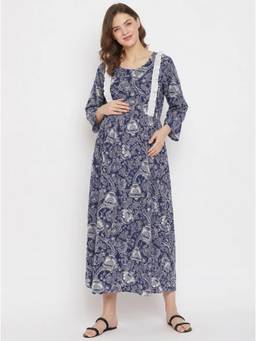 The Kaftan Company - Ruffle Detail Navy Blue Floral Nursing Maternity Maxi Dress