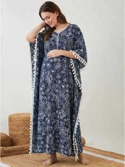 The Kaftan Company - Tassel Trim Navy Blue Floral Print Maternity Kaftan