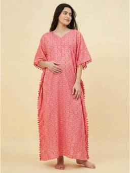 The Kaftan Company - Pom Pom Trim Coral Pink Geometric Print Maternity Kaftan