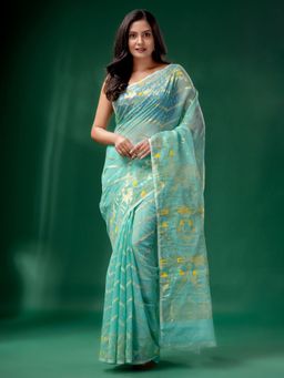 CHARUKRITI - Teal Cotton Silk Handwoven Soft Jamdani Saree without Blouse