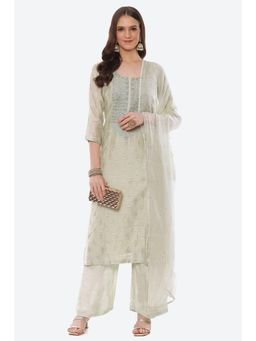 Biba - Beige Chanderi Unstitched Suit (Set of 3)