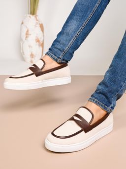 Styli - Men Faux Suede Casual Slip On Cream Loafers