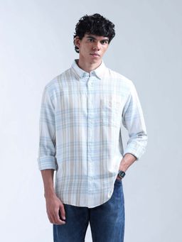 Flying Machine - White and Blue Pure Cotton Checked Shirt