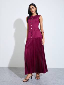 Styli - Maroon Solid Button Detail Sleeveless Pleated A-Line Maxi Dress