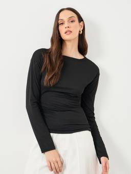 Styli - Black Asymmetric Hem Full-Sleeve Round-Neck Fitted Top