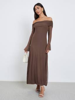 Styli - Brown Solid Off-Shoulder Flared Long-Sleeve Bodycon Maxi Dress