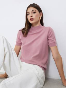 Styli - Dusty Rose Short-Sleeve High-Neck Fitted Knit Top