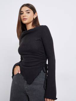 Styli - Black Ribbed Tie-Side Long-Sleeve Slim Fit Top