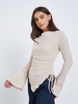 Styli - Beige Ribbed Asymmetric Hem Long-Sleeve Slim Fit Top