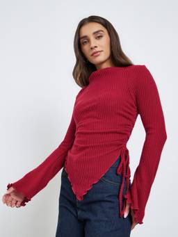 Styli - Burgundy Ribbed Asymmetric Hem Long-Sleeve Slim Fit Top