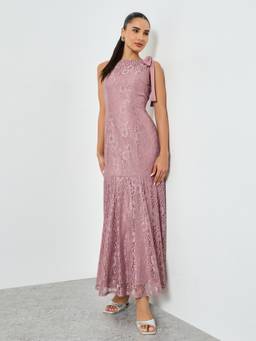 Styli - Lilac Lace Tie-Sleeve Mermaid Maxi Dress