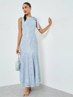 Styli - Light Blue Lace Sleeveless Bow Detail Drop Waist Maxi Dress