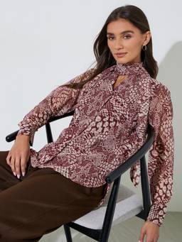 Styli - Burgundy Printed Tie-Up Neck Regular Fit Top