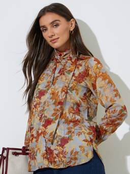 Styli - Floral Print Regular Fit Top With Tie-Up Neck