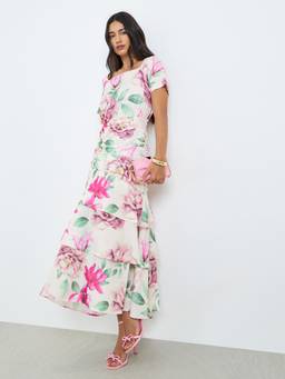 Styli - Floral Print Ruched Tiered Maxi Dress With Short-Sleeves