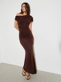 Styli - Brown One-Shoulder Ruched Bodycon Maxi Dress