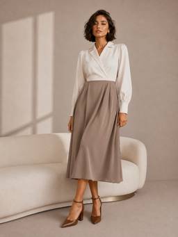 Styli - Beige Colorblocked Lapel-Neck Long-Sleeve Pleated A-Line Midi Dress