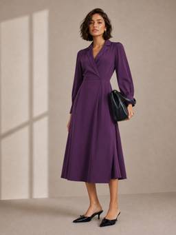 Styli - Purple Solid Long-Sleeve Blazer-Collar Wrap Midi Dress