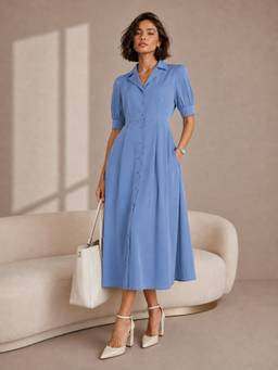 Styli - Blue Solid Lapel-Collar Short Puff-Sleeves Button Front Midi Shirt Dress