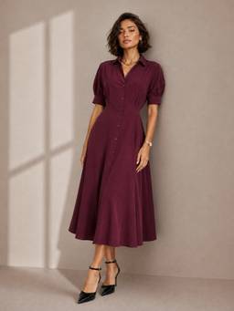 Styli - Burgundy Solid Lapel-Collar Short Puff-Sleeves Button Down Midi Shirt Dress