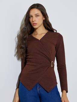 Styli - Brown Textured Knit Top With V-Neck And Full-Sleeves