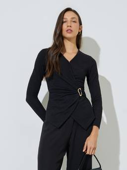 Styli - Black Textured Knit Top With V-Neck And Full-Sleeves
