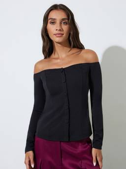 Styli - Black Solid Off-Shoulder Fitted Knit Top