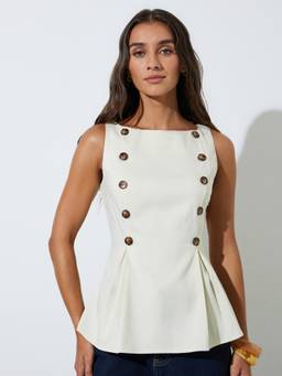 Styli - Beige Solid Sleeveless Fitted Round-Neck Peplum Top