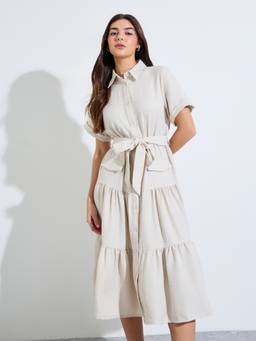 Styli - Beige Solid Collared Tiered Short-Sleeve Shirt Midi Dress With Belt