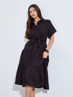 Styli - Brown Solid Tiered Shirt Midi Dress With Tie-Belt