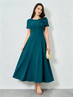 Styli - Teal Solid Bow Detail A-Line Maxi Dress With Short-Sleeves