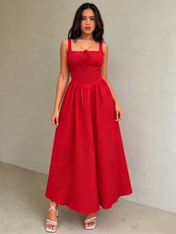Styli - Red Solid Tie-Front Corset Style Flared A-Line Maxi Dress