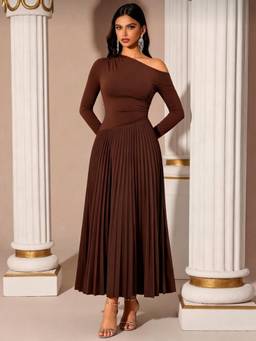 Styli - Brown Solid Asymmetrical Neck Pleated Long-Sleeve A-Line Maxi Dress
