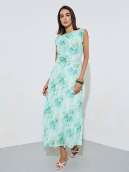 Styli - Green Floral Print Sleeveless Ruched A-Line Maxi Dress
