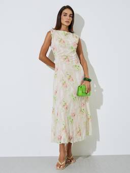 Styli - Peach Floral Print Sleeveless Boat Neck A-Line Maxi Dress