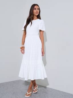 Styli - Off-White Schiffli Tiered A-Line Midi Dress