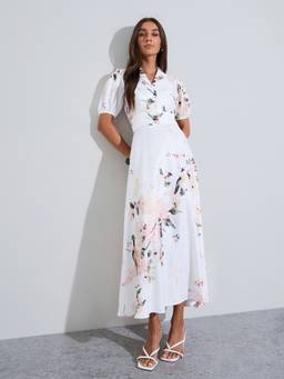 Styli - Off-White Floral Print Puff Short-Sleeve Collared Maxi Shirt Dress