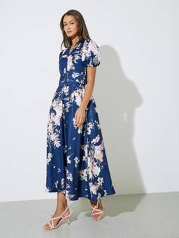 Styli - Navy Blue Floral Print Puff-Sleeve A-Line Maxi Shirt Dress