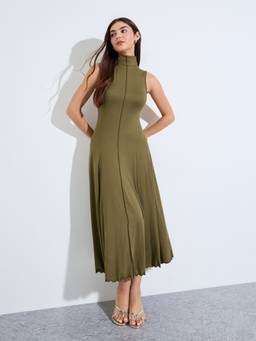 Styli - Olive Green Solid Mock Neck Sleeveless A-Line Midi Dress