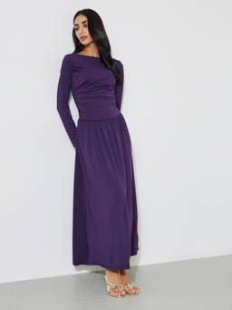 Styli - Purple Solid Ruched Bodice Long-Sleeve A-Line Maxi Dress