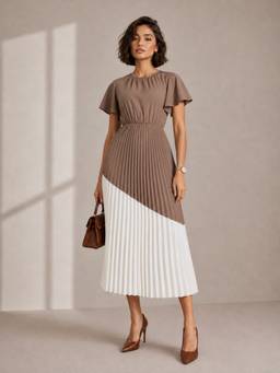 Styli - Brown Colorblocked Pleated Flutter Sleeve A-Line Maxi Dress